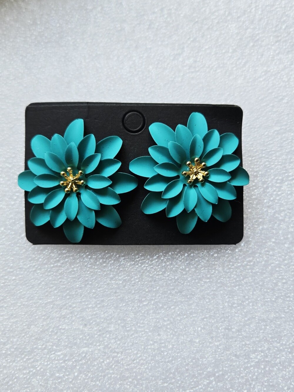 Teal Floral Stud Earrings with Gold Center